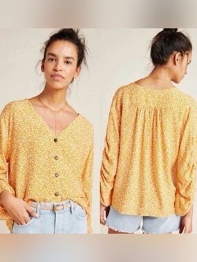 Anthropologie Maeve Floral Venice Peasant Blouse Orange and White Floral size XS